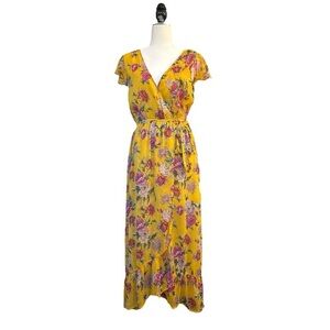 Band of Gypsies Floral Mustard Yellow Faux Wrap Maxi Dress Women's Size Medium